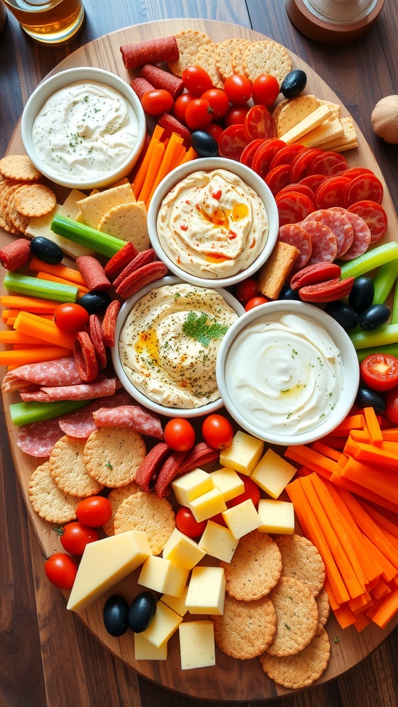 A colorful appetizer platter with dips, cheeses, meats, vegetables, and crackers arranged beautifully for a party.